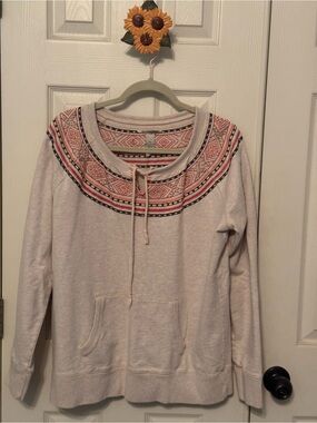 Lucky Brand Cream Pullover Sweatshirt with Pink Patterned Yoke